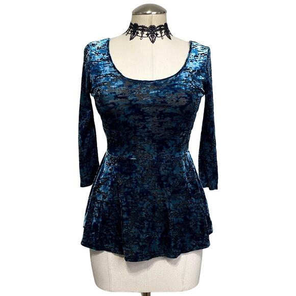 Decree Whimsygoth Gothic Blue Velvet Semi Sheer Fitted Blouse - Picture 1 of 11